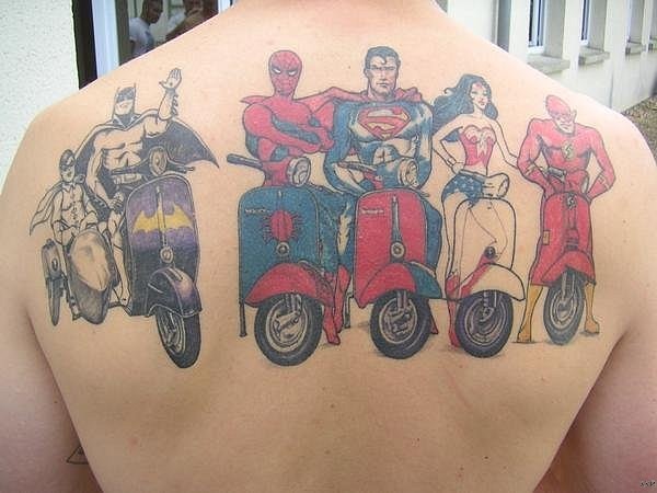All Super Heros On Scooters Tattoo On Upper Back