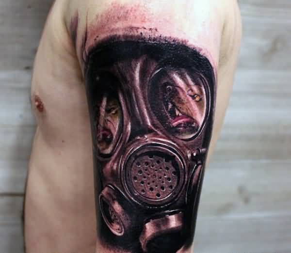 Amazing Gas Mask Tattoo On Man Left Bicep