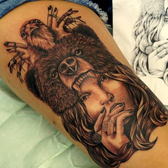 Amazing Grey Ink Bear Girl Tattoo On Leg