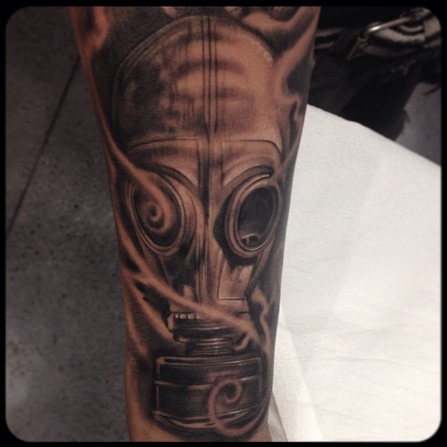 Amazing Grey Ink Gas Mask Tattoo by Mikeyc
