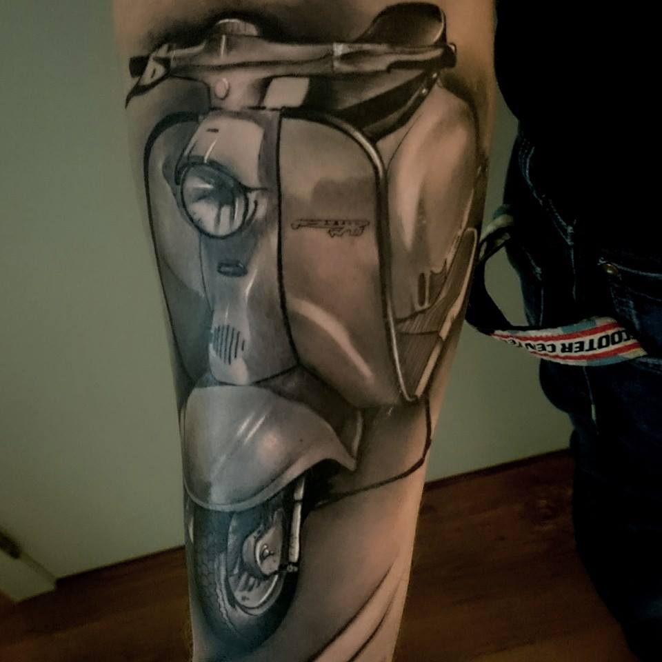 Amazing Vespa Tattoo On Arm Sleeve