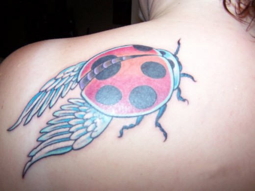 Angel Wings Ladybug Tattoo On Left Back Shoulder