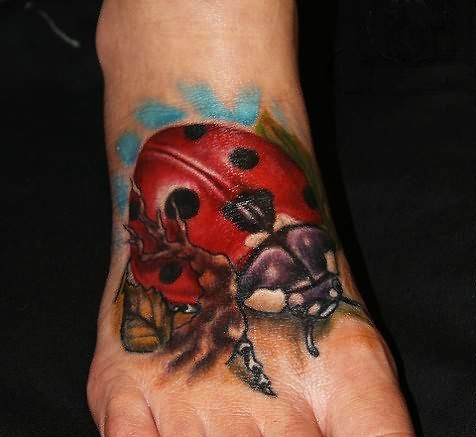 Animated Colored Ladybug Tattoo On Foot