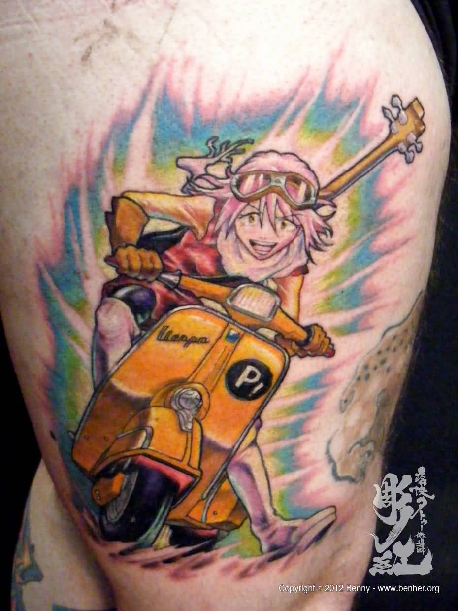 Anime Girl Riding Scooter Tattoo On Thigh