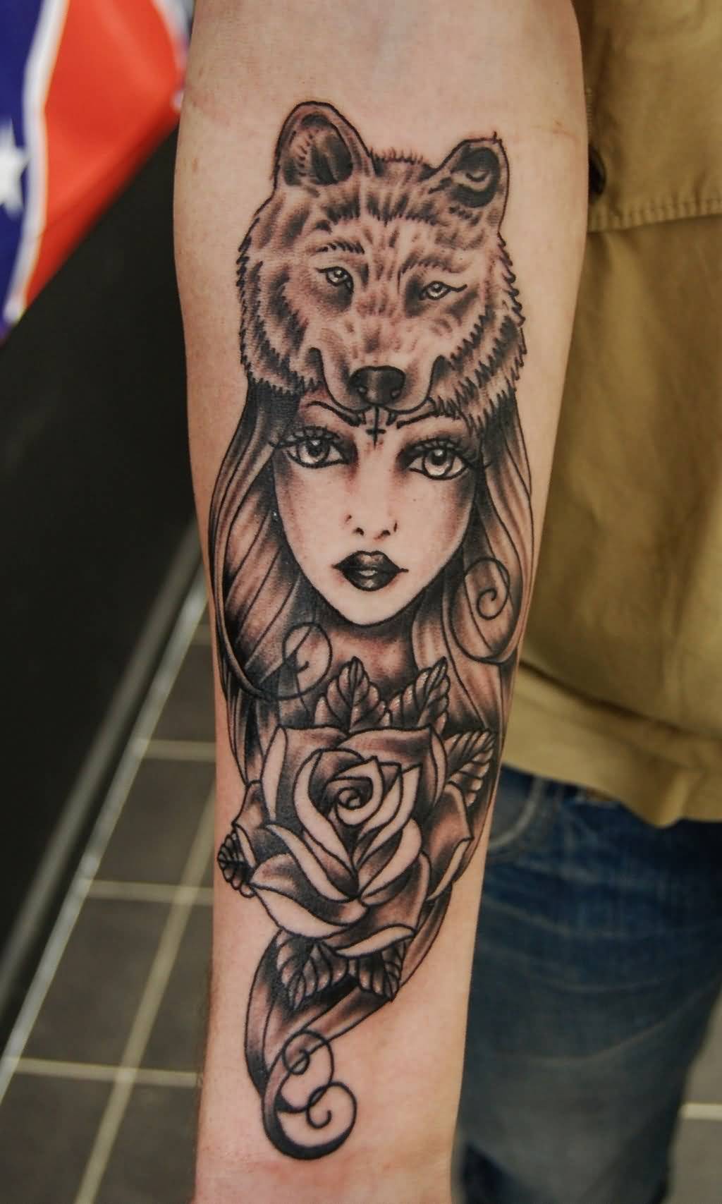Bear Head Girl Tattoo On Right Forearm