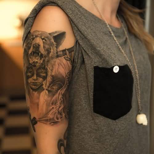 Bear Girl Tattoo On Right Bicep For Girls