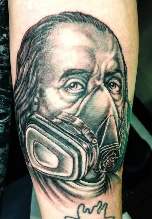 Ben Franklin Gas Mask Tattoo On Arm by Dpcorpse