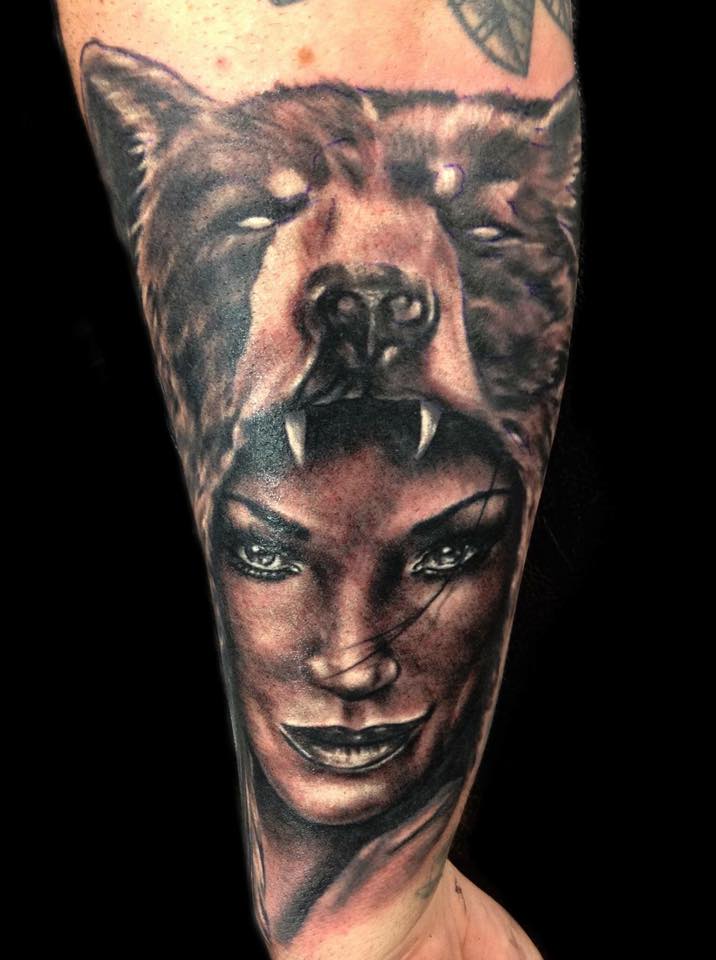 Black And Grey Bear Girl Tattoo On Arm Sleeve