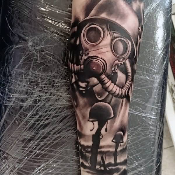 Black And Grey Gas Mask Tattoo On Arm Sleeve