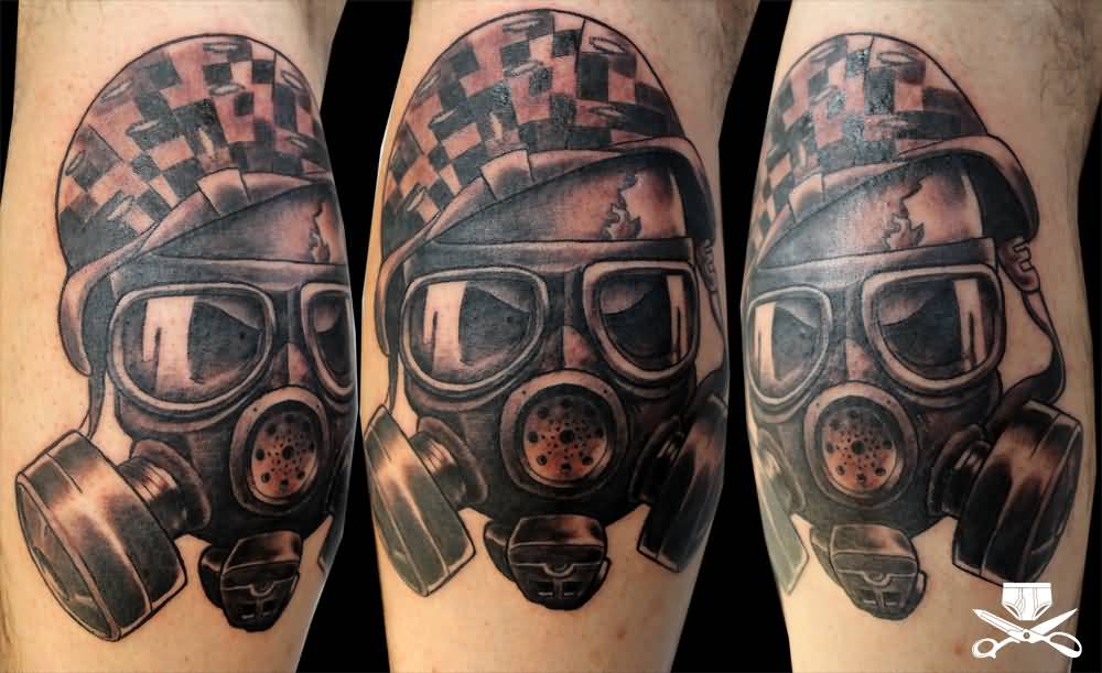 Black And Grey Gas Mask Tattoo On Leg Calf