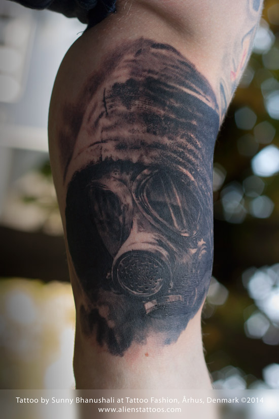 Black And Grey Gas Mask Tattoo On Leg by Alien Tattoos