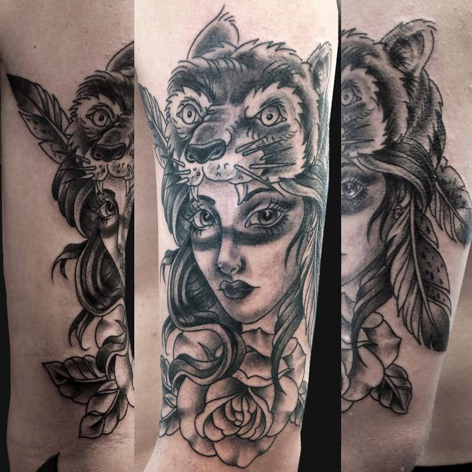Black And Grey Rose With Bear Girl Tattoo