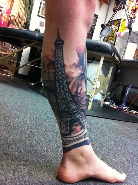Black And Grey Side Leg Eiffel Tower Tattoo