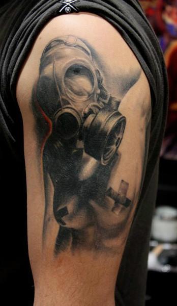 Black And Grey Zombie Gas Mask Tattoo On Shoulder