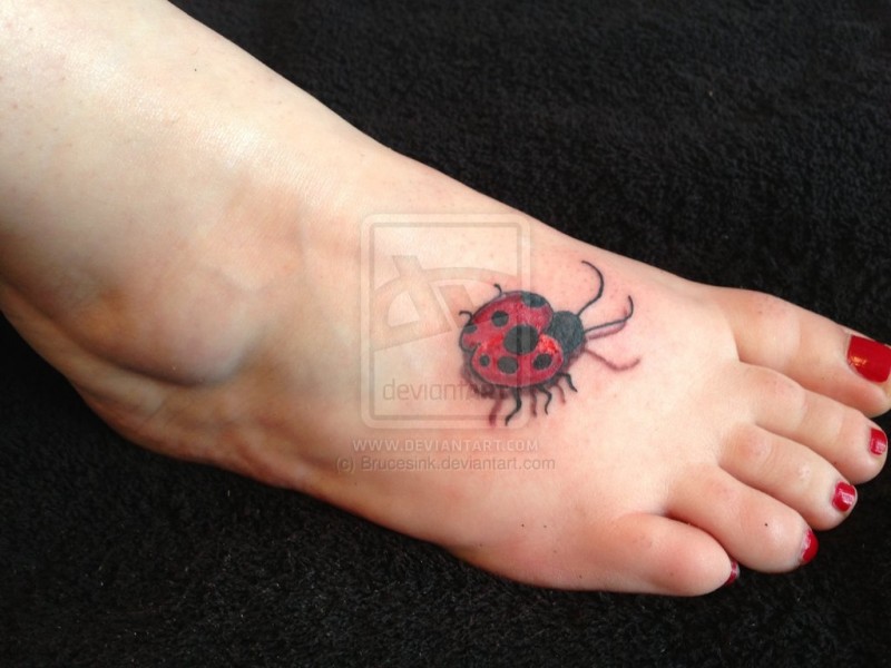 Black And Red Ladybug Tattoo On Girl Right Foot