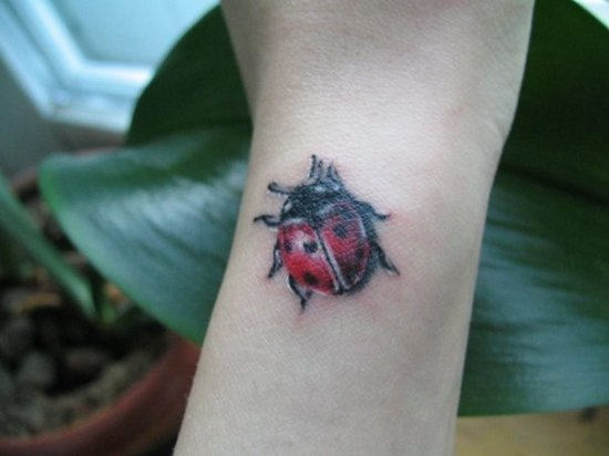 Black And Red Ladybug Tattoo On Left Wrist