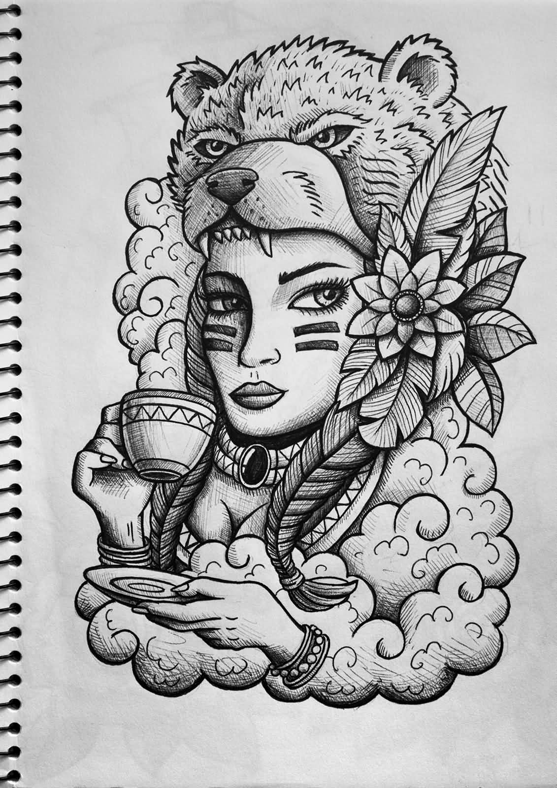Black And White Bear Girl Drinking Coffee Tattoo Design
