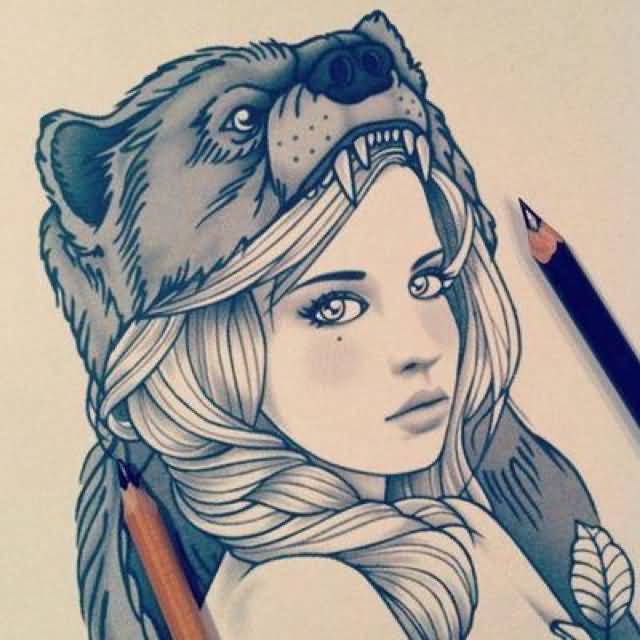 Black And White Bear Girl Tattoo Design Sketch