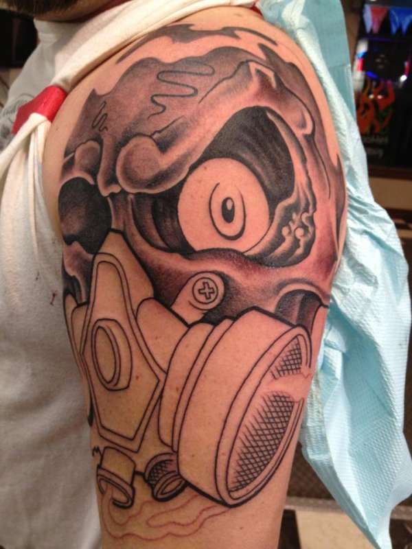 Black And White Gas Mask Tattoo On Left Shoulder