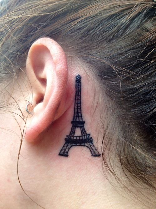 Black Ink Eiffel Tower Tattoo Behind The Ear