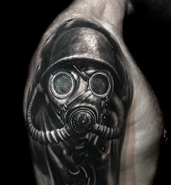 Black Ink Gas Mask Tattoo On Man Right Half Sleeve