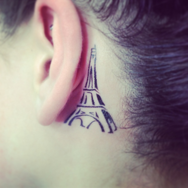 Black Outline Eiffel Tower Tattoo Behind Ear