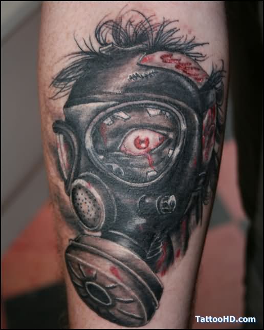 Black Zombie Gas Mask Tattoo On Arm