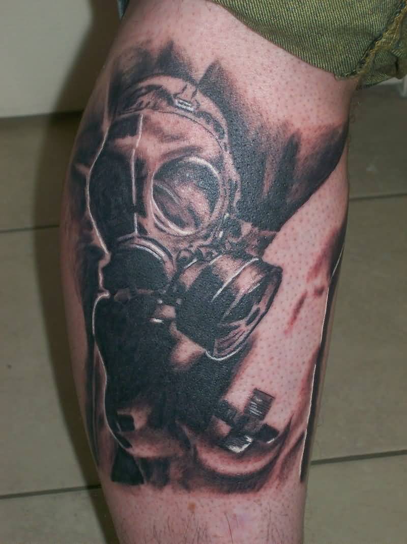 Black Zombie Gas Mask Tattoo On Leg