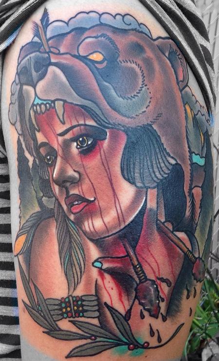 Bleeding Bear Girl Tattoo On Left Half Sleeve
