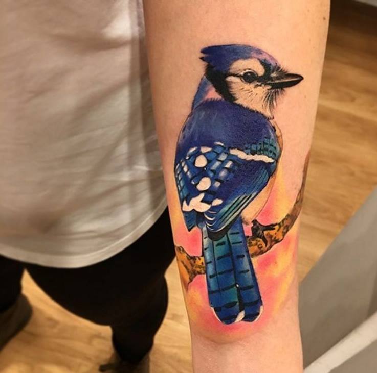 Blue Jay Bird Tattoo On Left Sleeve By Hania Sobieski