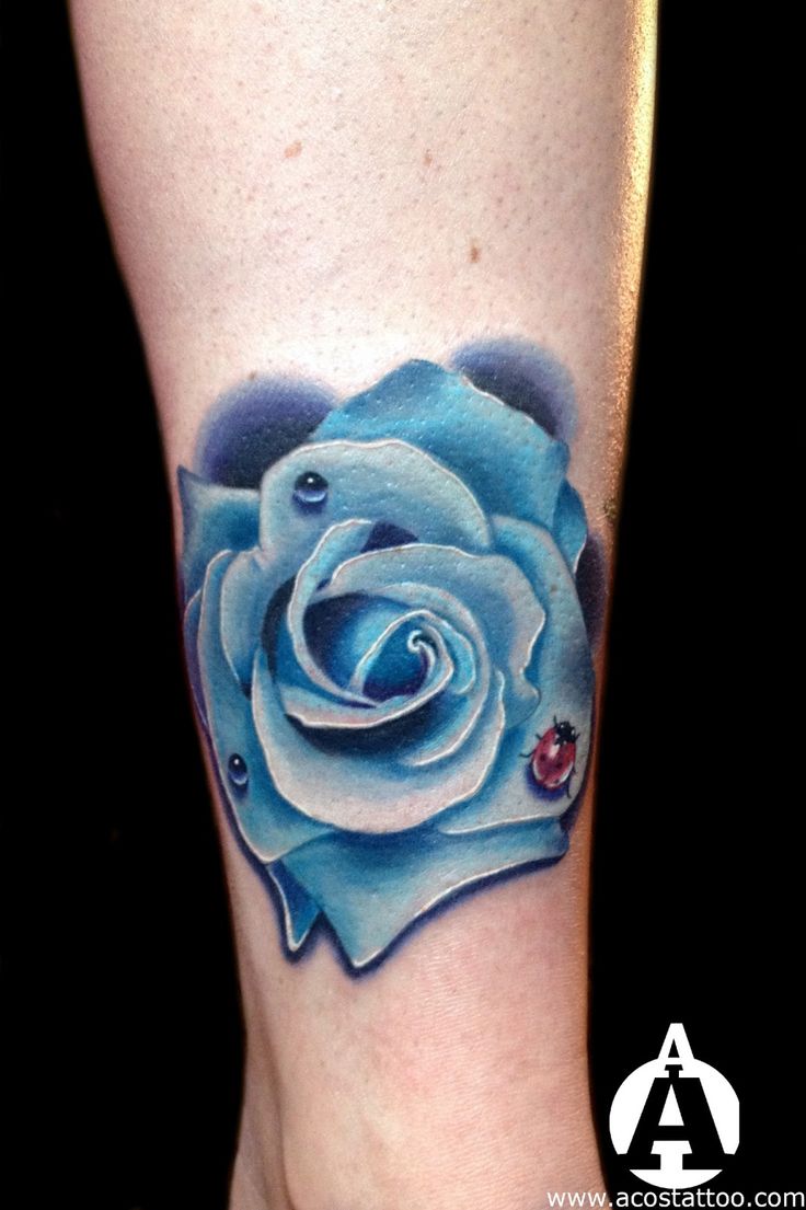 Blue Rose And Small Bug Tattoo On Leg