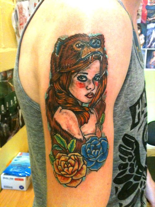 Blue Rose And Yellow Rose Bear Girl Tattoo On Right Half Sleeve