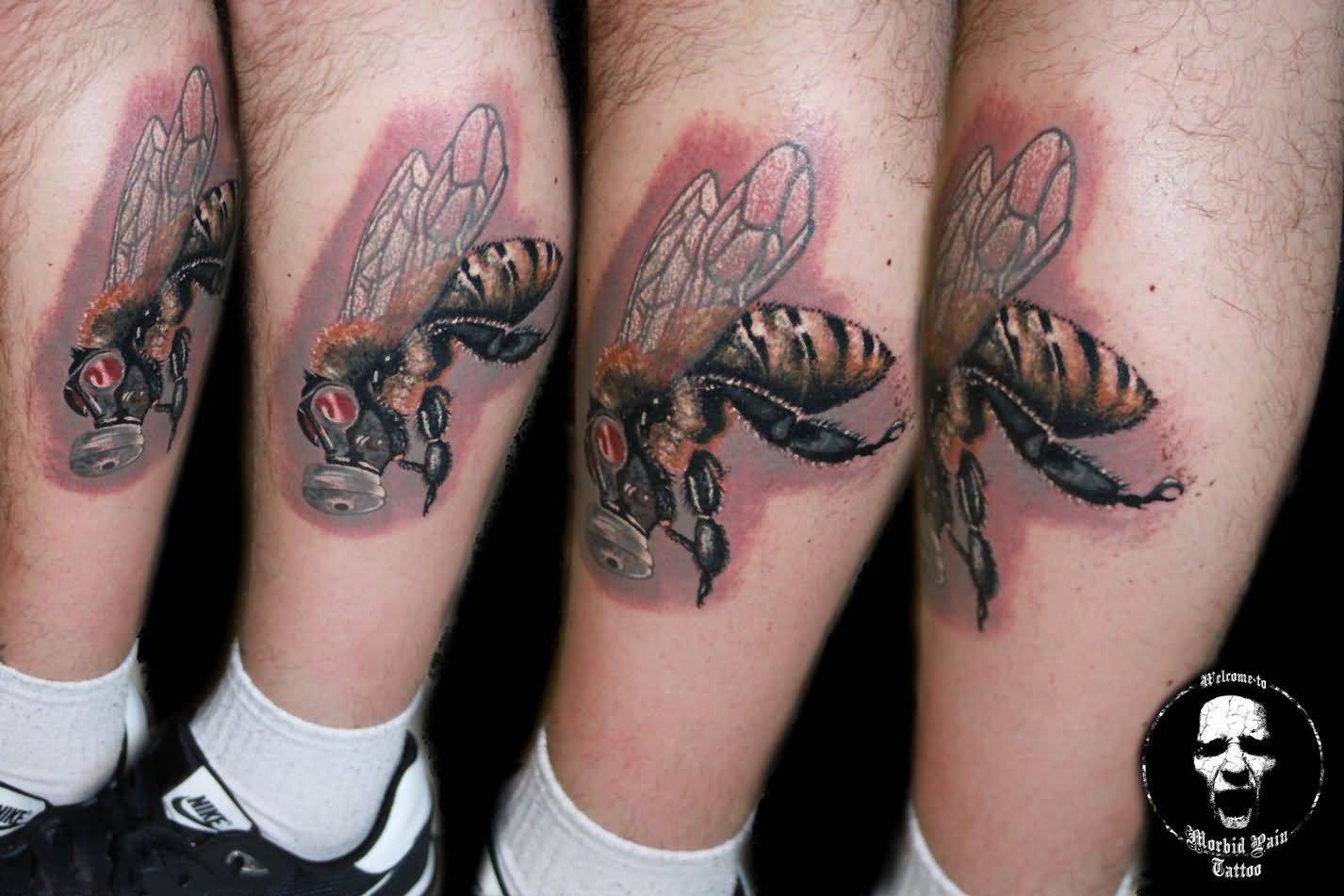 Bumble Bee With Gas Mask Tattoo On Leg