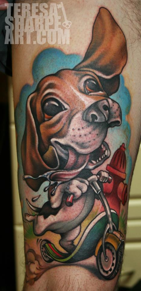 Cartoon Dog Riding Scooter Tattoo