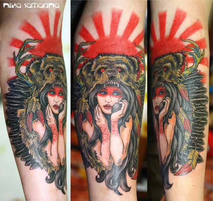 Color Ink Bear Girl Tattoo On Arm