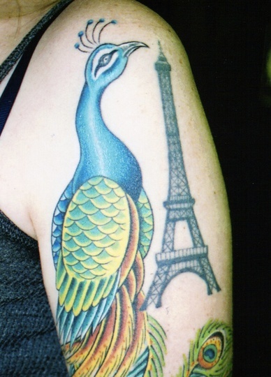 Colored Peacock And Eiffel Tower Tattoo On Half Sleeve