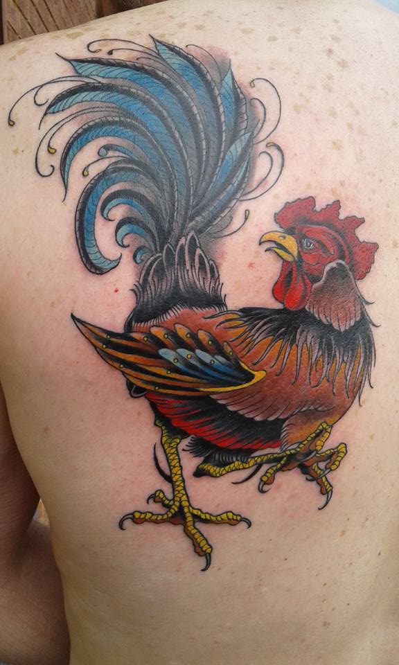 Colored Rooster Tattoo On Left Back Shoulder by Kyle Kemp