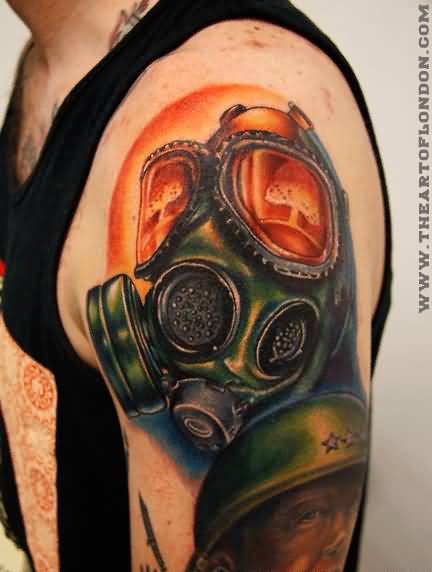 Colorful Gas Mask Tattoo On Left Shoulder For Men