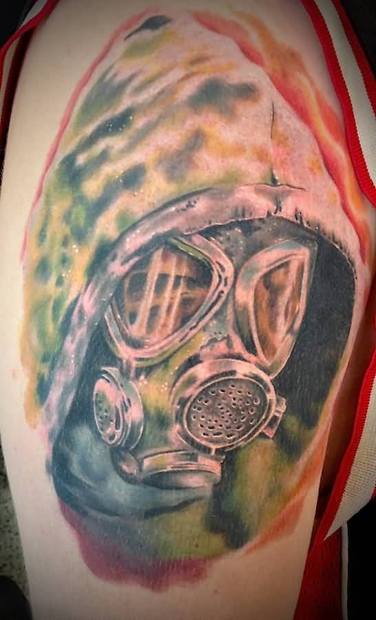 Colorful Gas Mask Tattoo On Shoulder