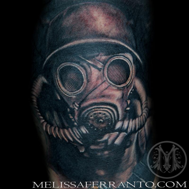 Dark Ink Soldier Gas Mask Tattoo by Melissa Ferranto
