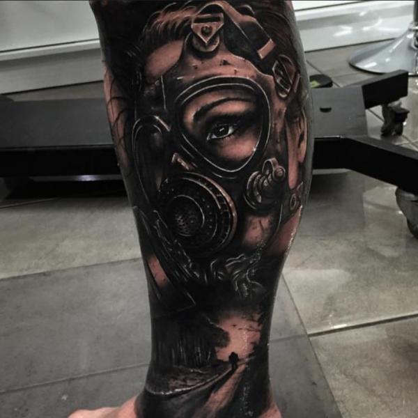 Dark Ink Girl With Gas Mask Tattoo  On Leg