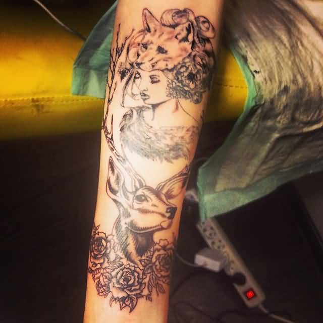 Deer Head And Fox Girl Tattoo On Arm Sleeve