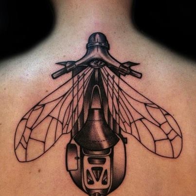 Dragonfly Winged Vespa Tattoo On Upper Back