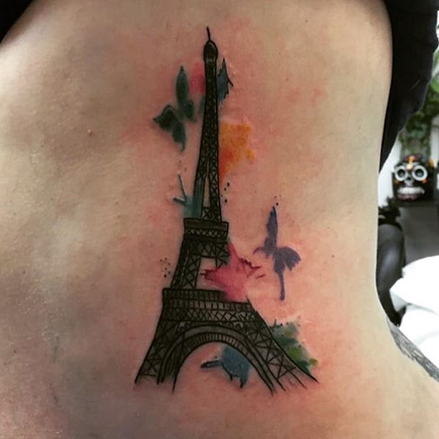 Eiffel Tower And Watercolor Butterflies Tattoo On Side Rib by Genevieve