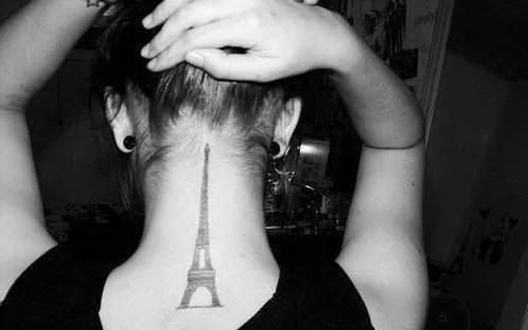 Eiffel Tower Tattoo On Girl Nape