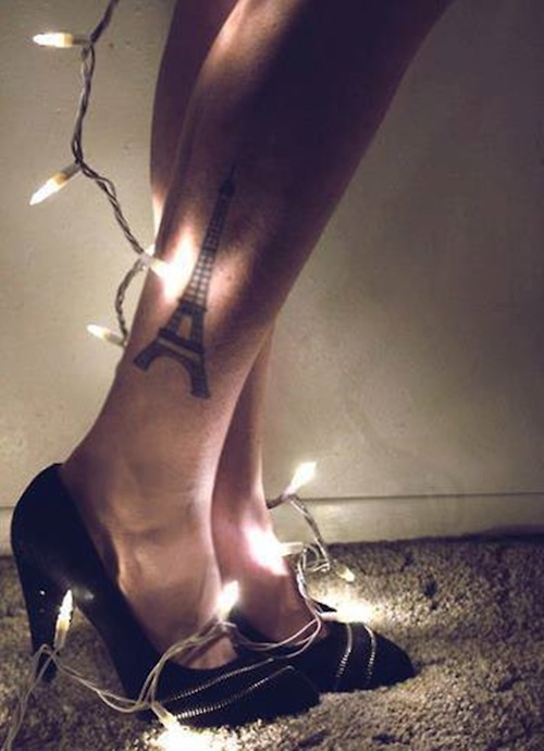 Eiffel Tower Tattoo On Girl Right Leg