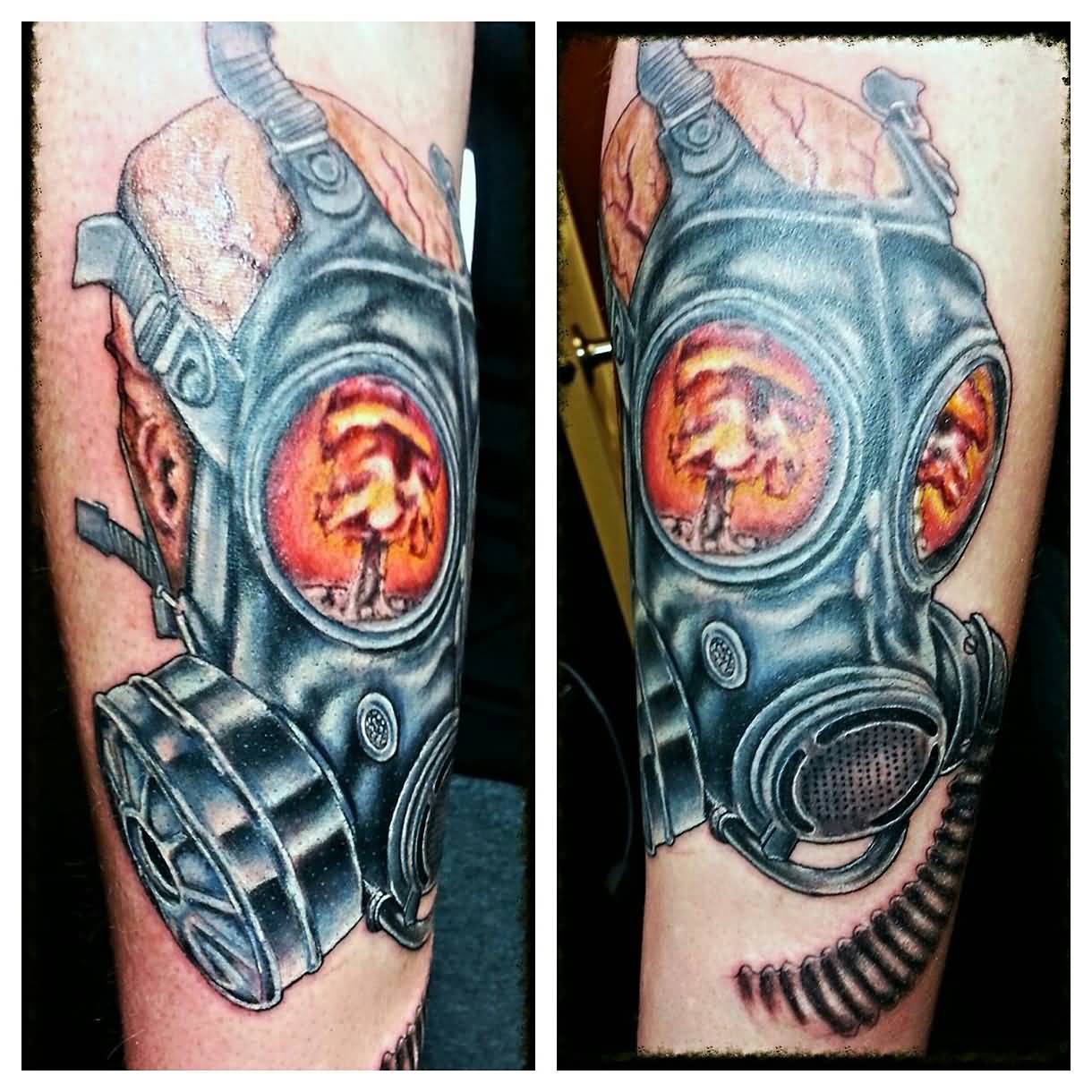Fire Gas Mask Tattoo On Sleeve