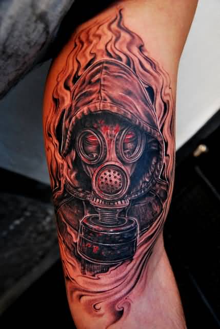 Flaming Zombie Gas Mask Tattoo On Half Sleeve