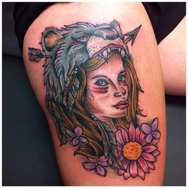 Flower And Bear Girl Head Tattoo On Thigh