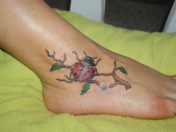 Flower Tree Ladybug Tattoo On Right Foot